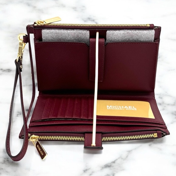 Michael Kors Large Jet Set Travel Double Zip Wallet Dark Cherry - Picture 8 of 9